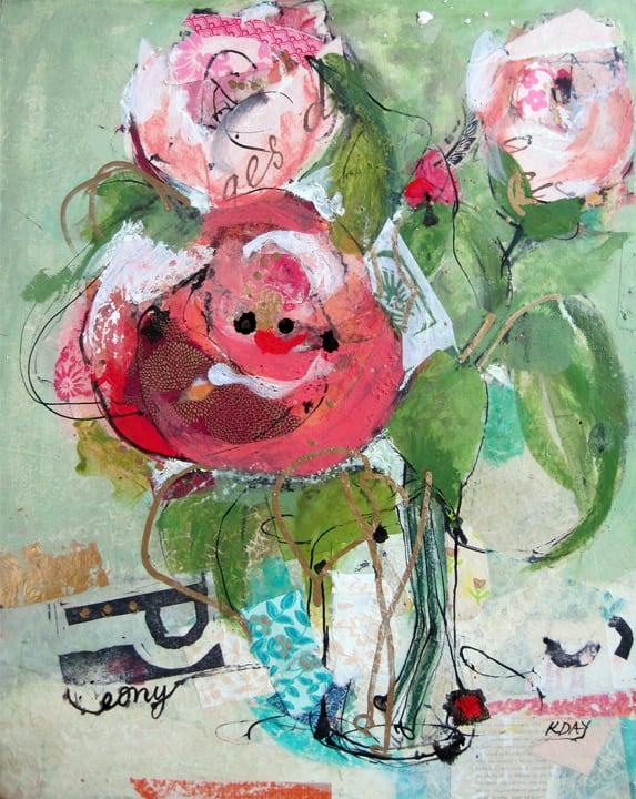 Peonies, mixed media on canvas by Kellie Day, 20" x 24"