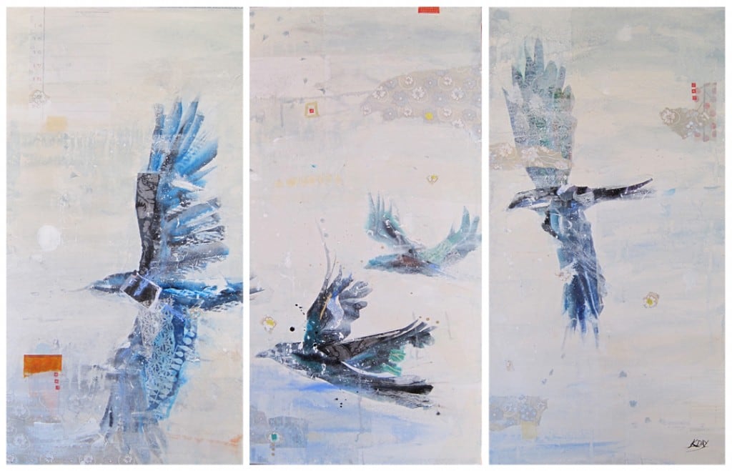 Winter Birds, mixed media on canvas by Kellie Day, Triptic, 56" x 36"
