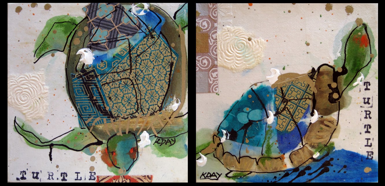 Turtles, 6" x 6" each, mixed media on canvas by Kellie Day, baby gifts ©2012