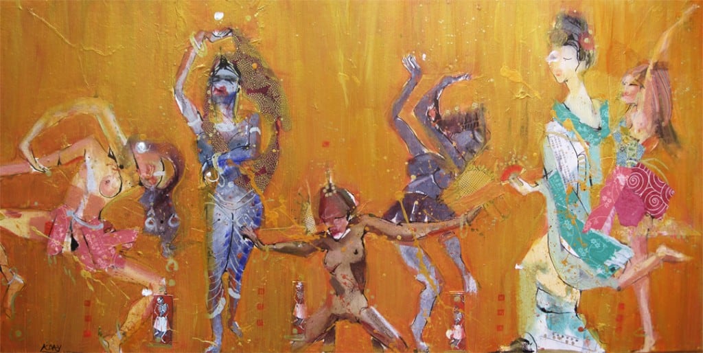 9 Ladies Dancing, mixed media on canvas by Kellie Day, 36″ x 18″, ©2012