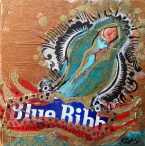(Pabst Blue Ribbon) PBR Virgin, mixed media on canvas by Kellie Day, 6" x 6", ©2012