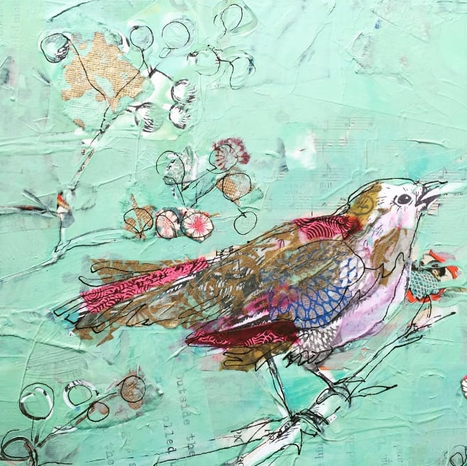 mixed media bird painting in progress ©Kellie Day
