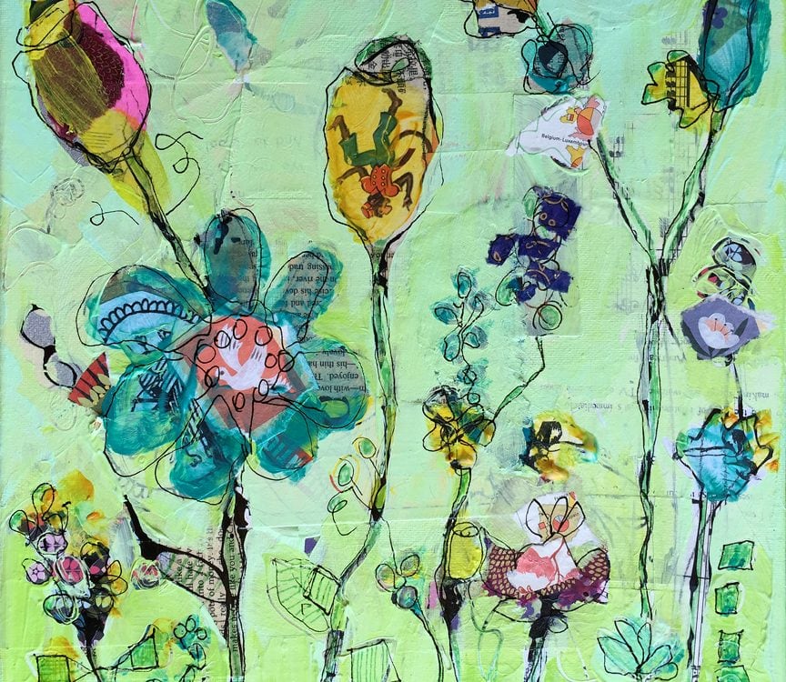Doodle Garden, mixed media on canvas, ©Kellie Day, Available, 10" x 10"