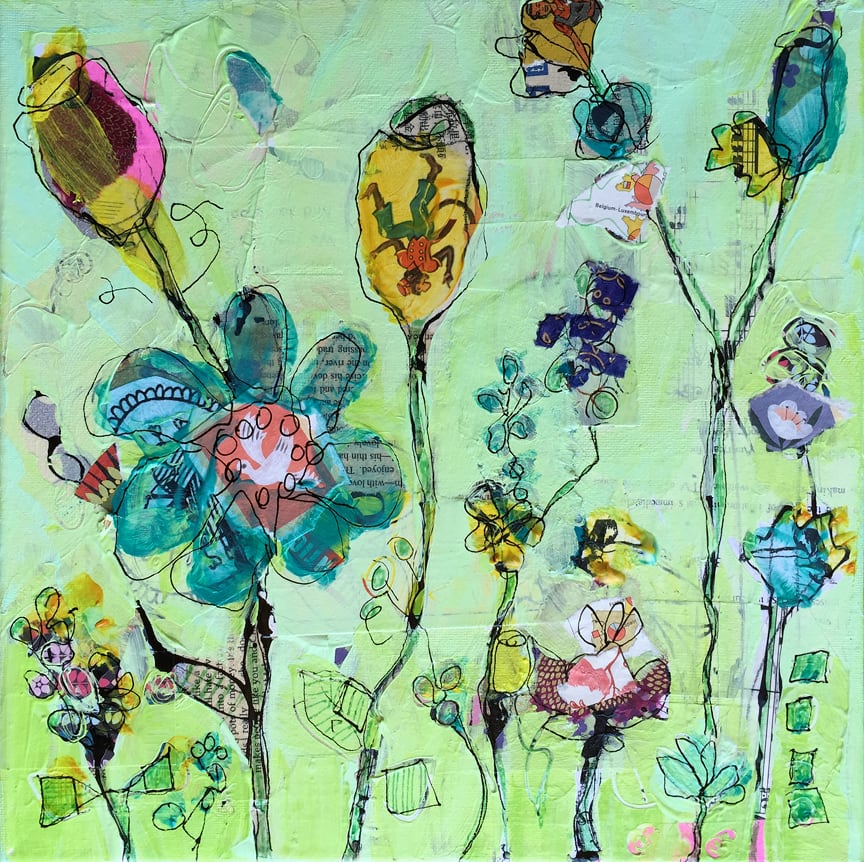 Doodle Garden, mixed media on canvas, ©Kellie Day, Available, 10" x 10"