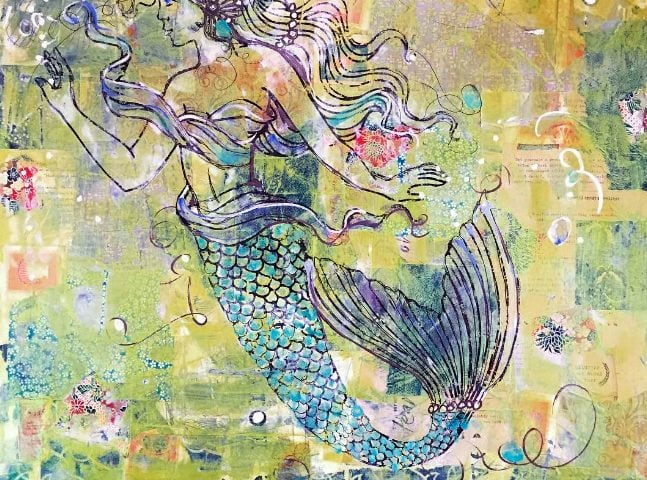 Mermaid Magic, mixed media on canvas, 24"x24", $500 ©Kellie Day