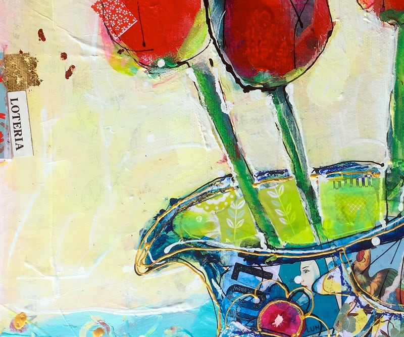 Detail of Loteria Tulips, 12" x 12", mixed media on canvas, ©Kellie Day, available