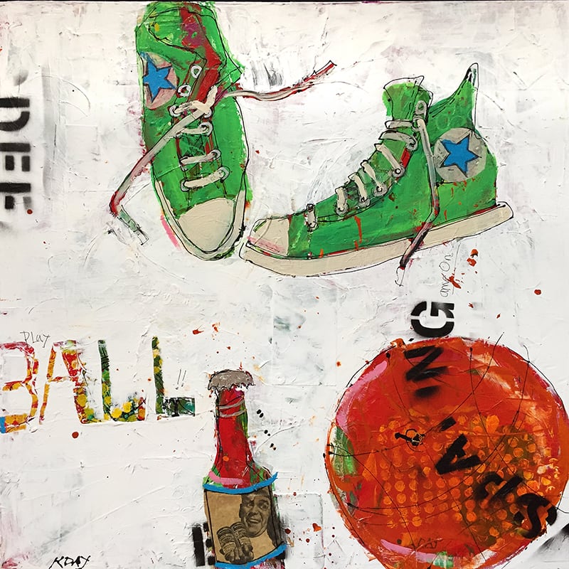Hoops and Beer, 30" x 30",mixed media basketball painting, ©Kellie Day