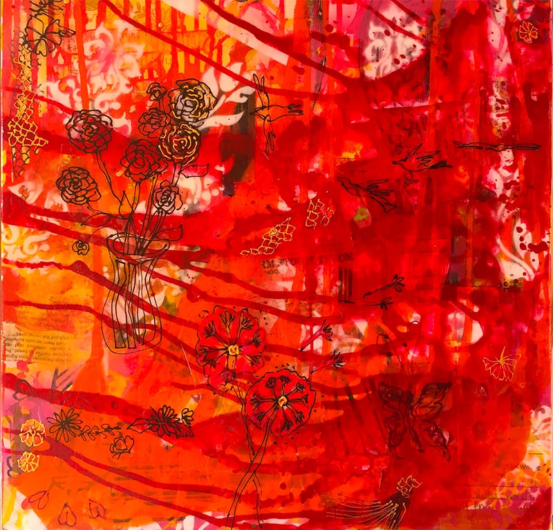 Bliss in Red, mixed media on canvas, 18" x 18", $486 ©Kellie Day