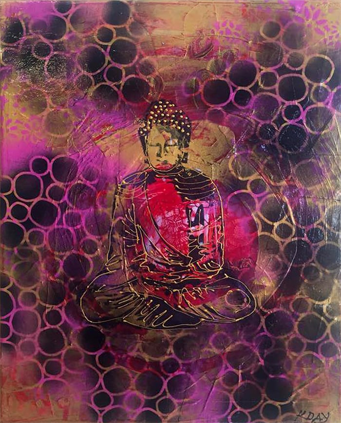 Spray Paint Buddha, 14" x 18", mixed media Buddha on canvas, ©Kellie Day
