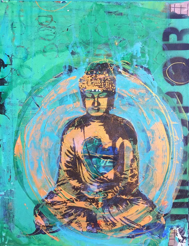 Street Art Buddha, 14" x 18", mixed media Buddha on canvas, ©Kellie Day