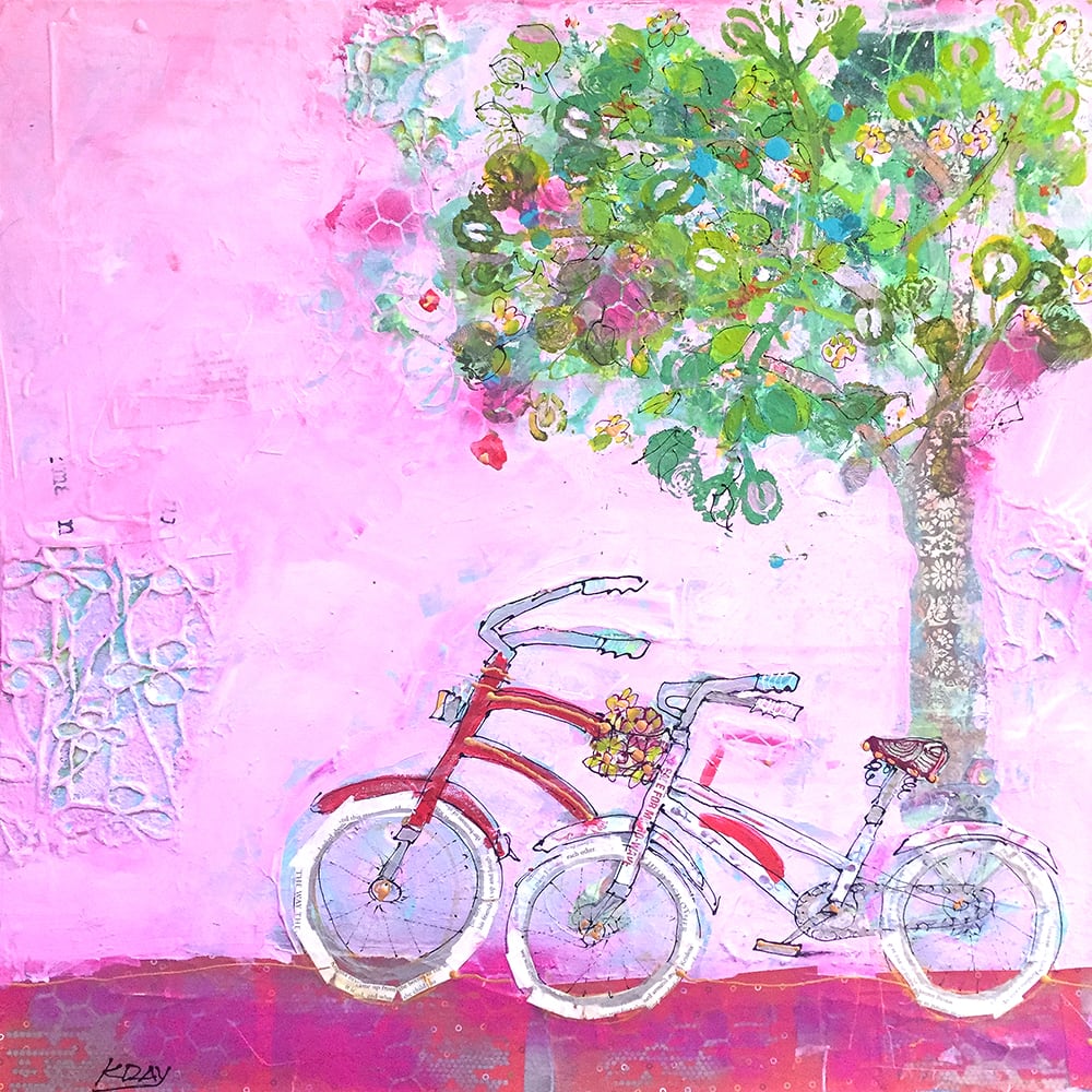 Two bikes, Pink bike painting © Kellie Day, 24" x 24, mixed media on canvas