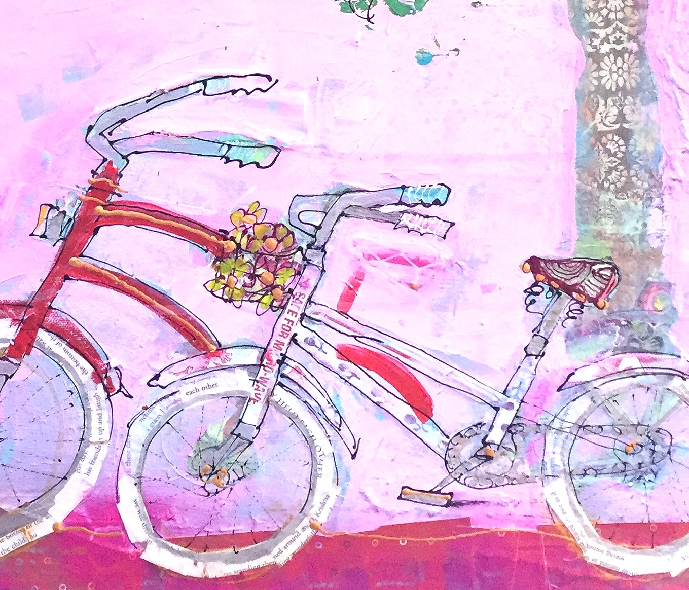 Two bikes, Pink bike painting © Kellie Day, 24" x 24, mixed media on canvas