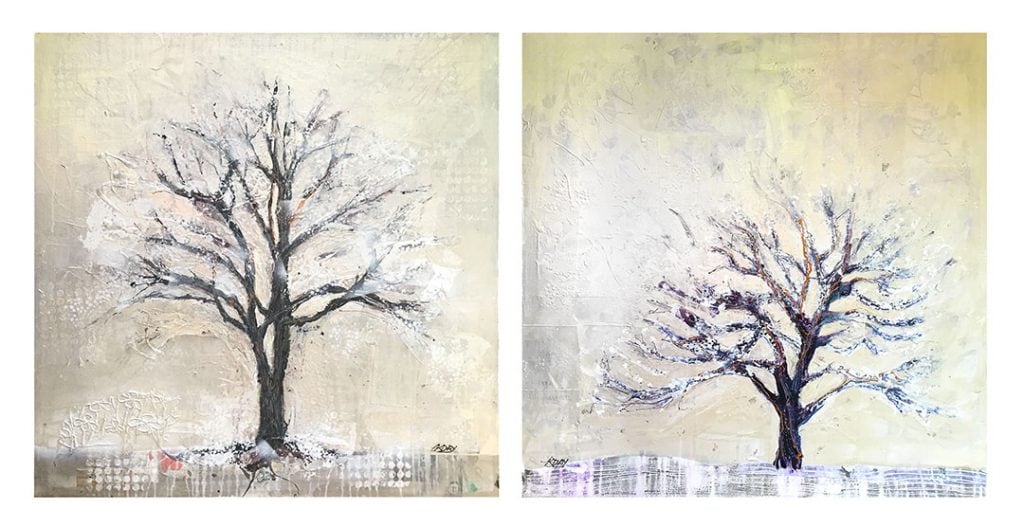 Winter Trees, ©Kellie Day, 36" x 36" each, mixed media on canvas
