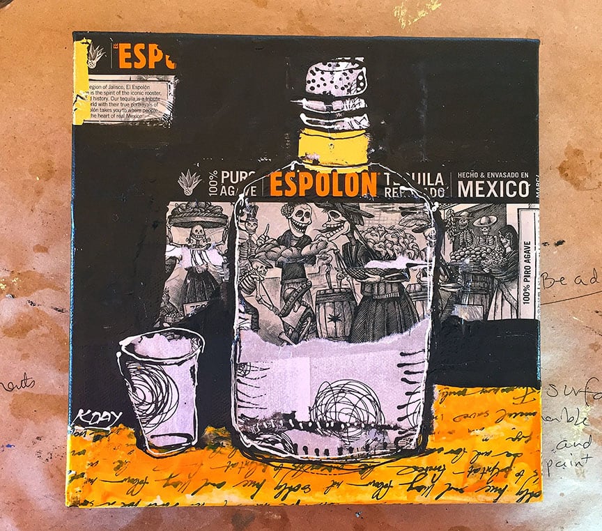 Espolon, mixed media tequila painting ©Kellie Day