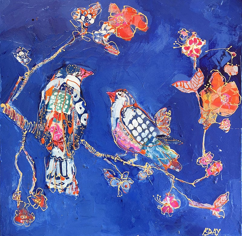 Indigo Bird painting, made with patterns I created beforehand ©Kellie Day