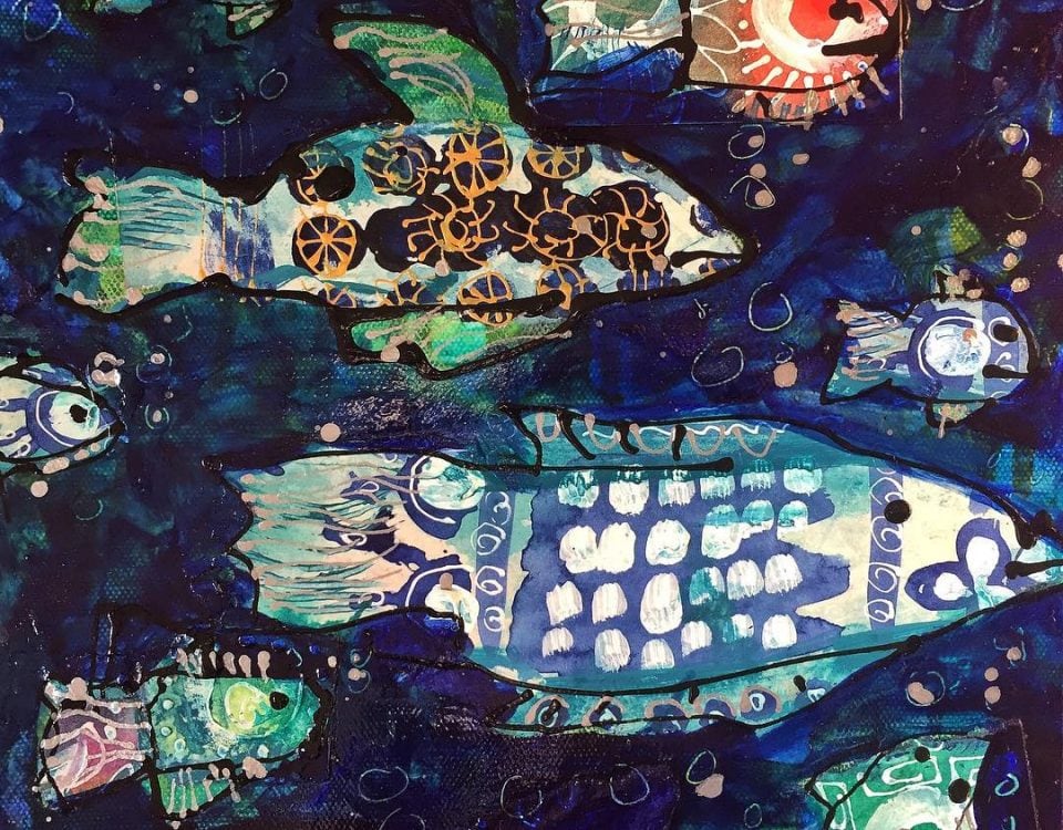 Pearl Fish, mixed media on canvas © Kellie Day, 10" x 10"