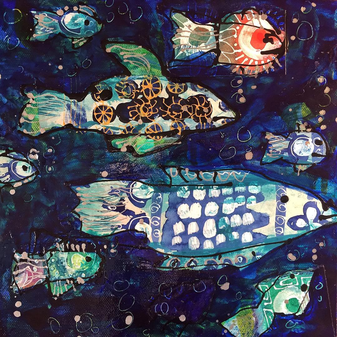 Pearl Fish, mixed media on canvas © Kellie Day, 10" x 10"