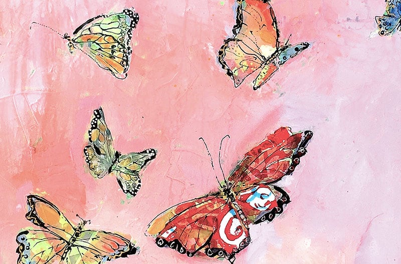 Detail of "Butterflies", mixed media butterfly painting on canvas by Kellie Day