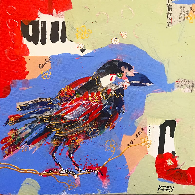 Crazy Ass Crow, 12" x 12" mixed media on canvas ©Kellie Day