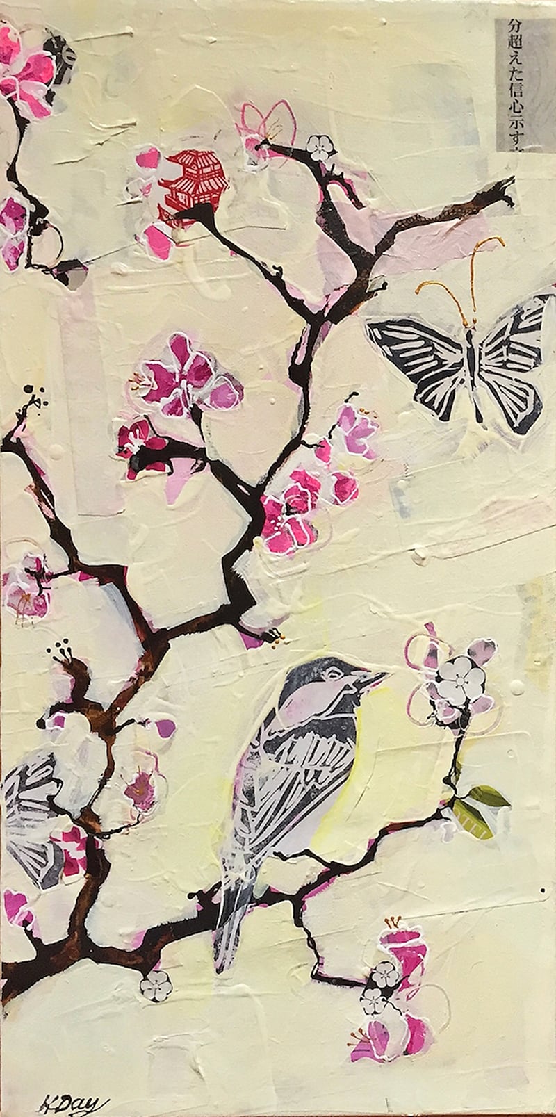 Yellow Bird, mixed media on canvas ©Kellie Day, 12" x 24", available