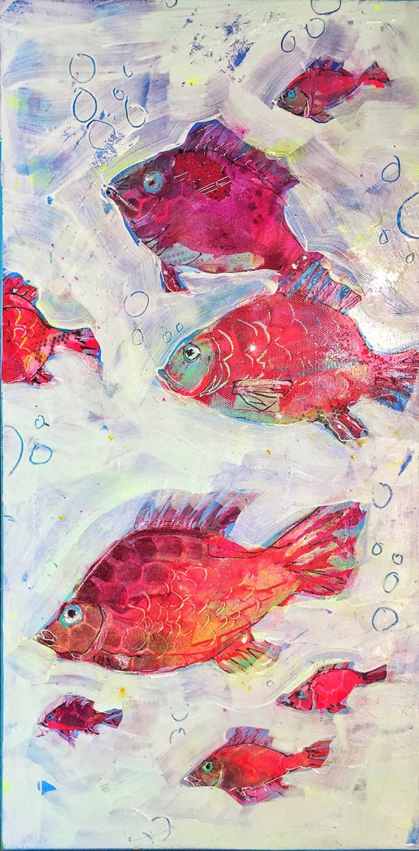 Red Fish, mixed media fish painting on canvas, 20