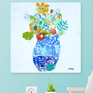 Collage flowers in vase by kellie day, mixed media flower painting