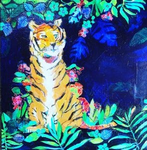 Indigo Tiger painting in jungle by Kellie Day