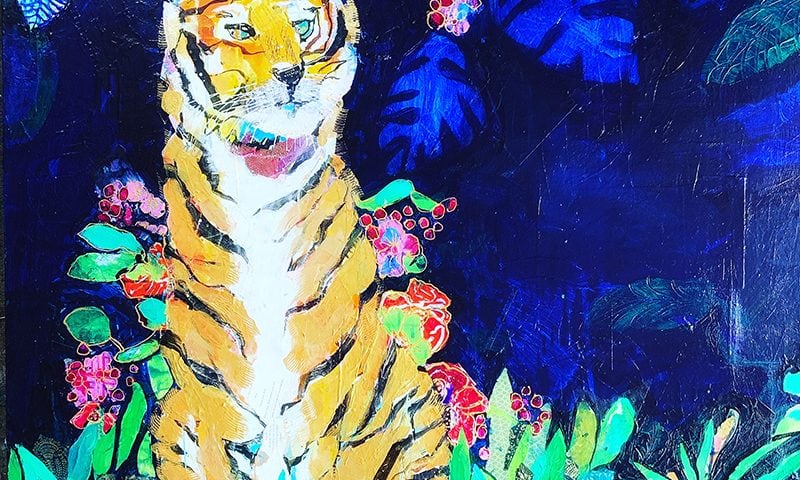 Indigo Tiger painting in jungle by Kellie Day