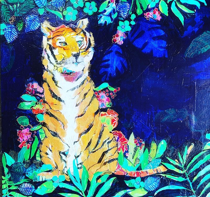 Indigo Tiger painting in jungle by Kellie Day