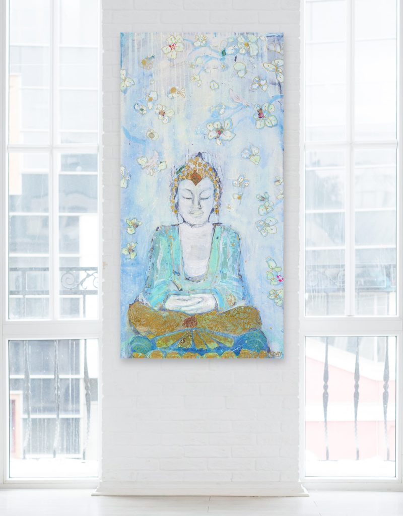 Mixed media Buddha on canvas by Kellie Day, healing art, available