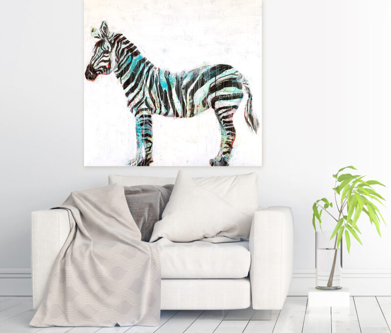 Mixed media zebra painting with spray paint, by Kellie Day