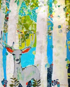 Colorful Colorado deer in aspen tree, painting by Kellie Day