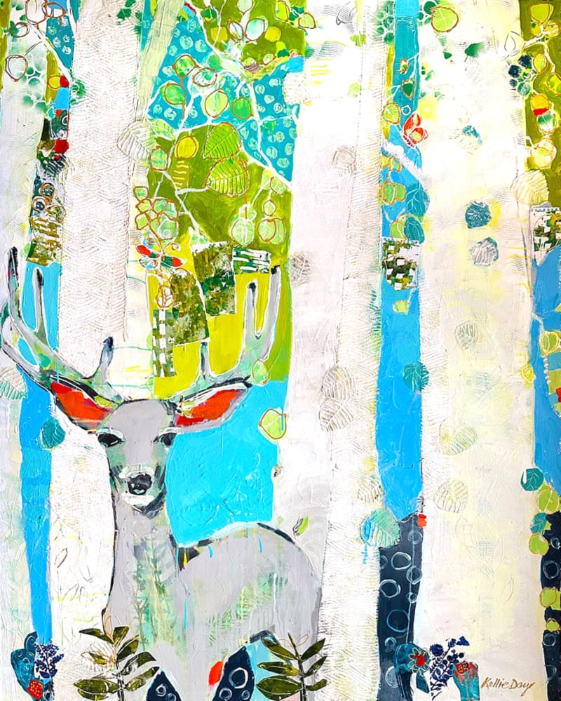 Colorful Colorado deer in aspen tree, painting by Kellie Day