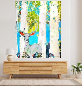 Colorful Colorado deer in aspen tree painting IN ROOM, by Kellie Day