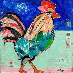 El Gallo rooster painting with collage, by Kellie Day