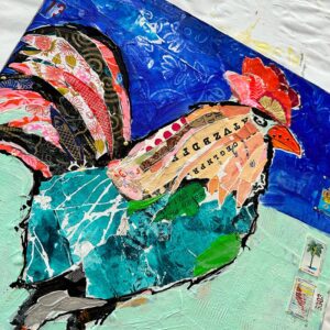 El Gallo rooster painting with collage, by Kellie Day