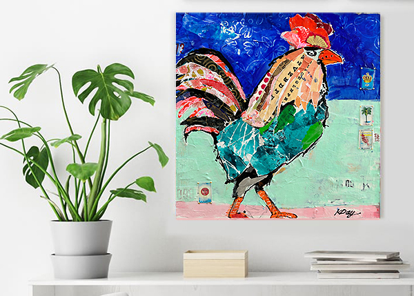 El Gallo rooster painting with collage, by Kellie Day