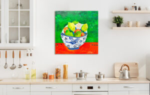 Farm Fresh painting of limes and oranges and garlic in a bowl, by Kellie Day