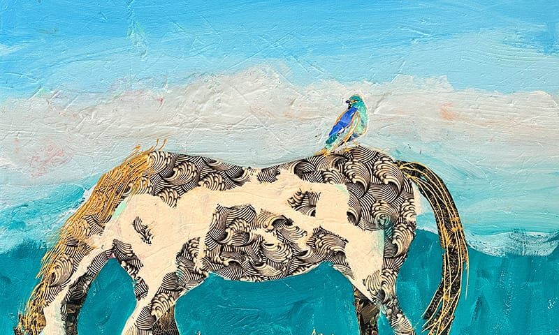 High desert paint horse with bluebird by kellie day
