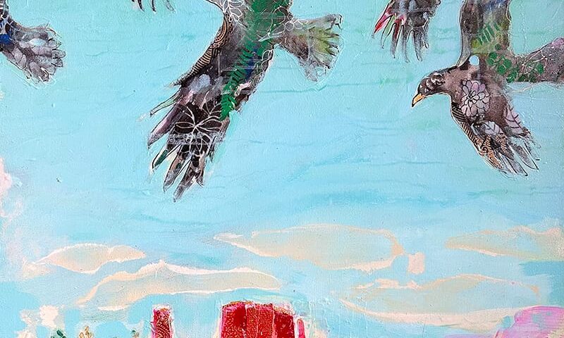 Ravens Over Castleton Tower, mixed media painting by Kellie Day
