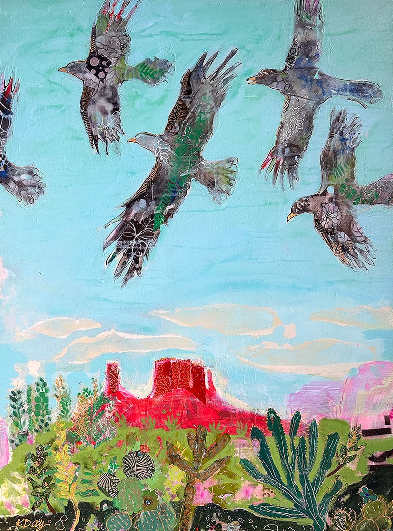 Ravens Over Castleton Tower, mixed media painting by Kellie Day