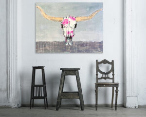 Cantina Longhorn painting by Kellie Day, with spray paint, heavy texture and fiber papers