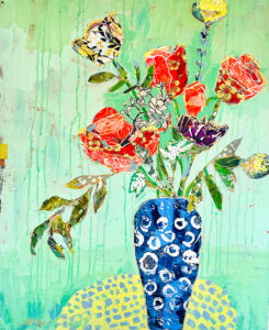 AHHAA Moment - a green flower painting with blue vase by kellie day