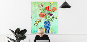AHHAA Moment - a green flower painting with blue vase by kellie day