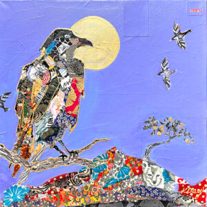 Desert Raven painting by Kellie Day, with Juniper tree