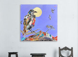 Desert Raven painting by Kellie Day, with Juniper tree
