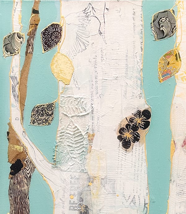 In the Forest (blue) by Kellie Day, mixed media aspen tree painting