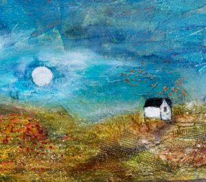 barb pearson creates a strong mood in this painting of a house by exaggerating the size