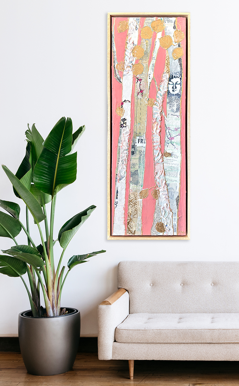 Rose Gold Aspen forest painting with Buddha face by kellie day