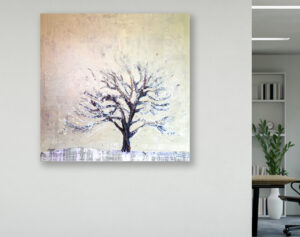 winter tree painting by kellie day on wall